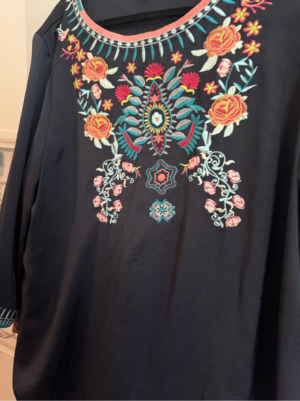 John Mark Black Tunic with Multicolor Floral Embroidery Panel